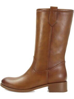 Women's Light Brown Mid Calf Chunky Block Heel Pull On Boots Round Toe Boots